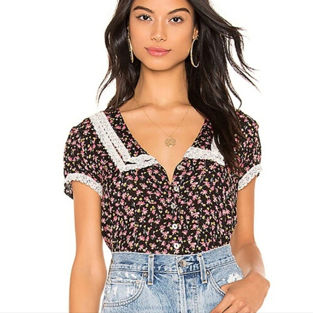 Free People Black Floral Lace-Trim Button Front Blouse